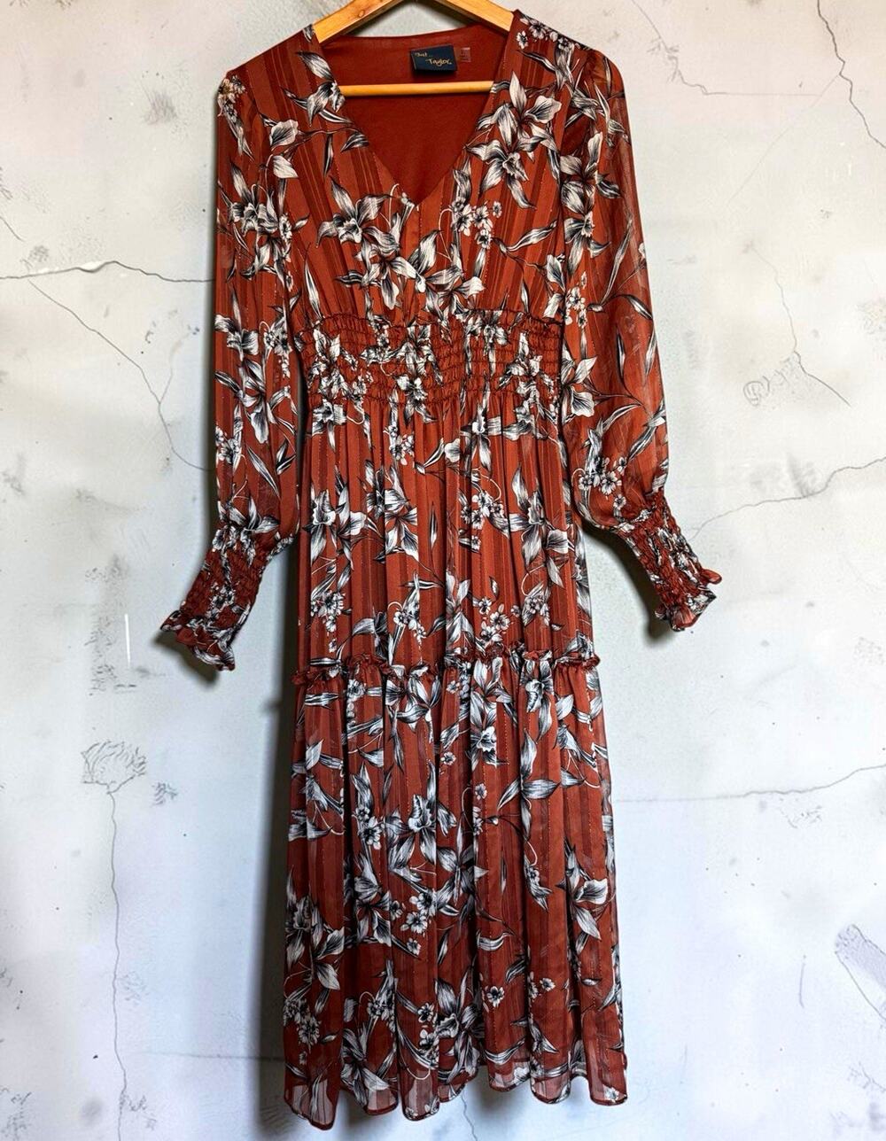 Just Taylor Womens Brown Floral V-Neck Smocked Maxi Dress Size 2 Fall Autumn